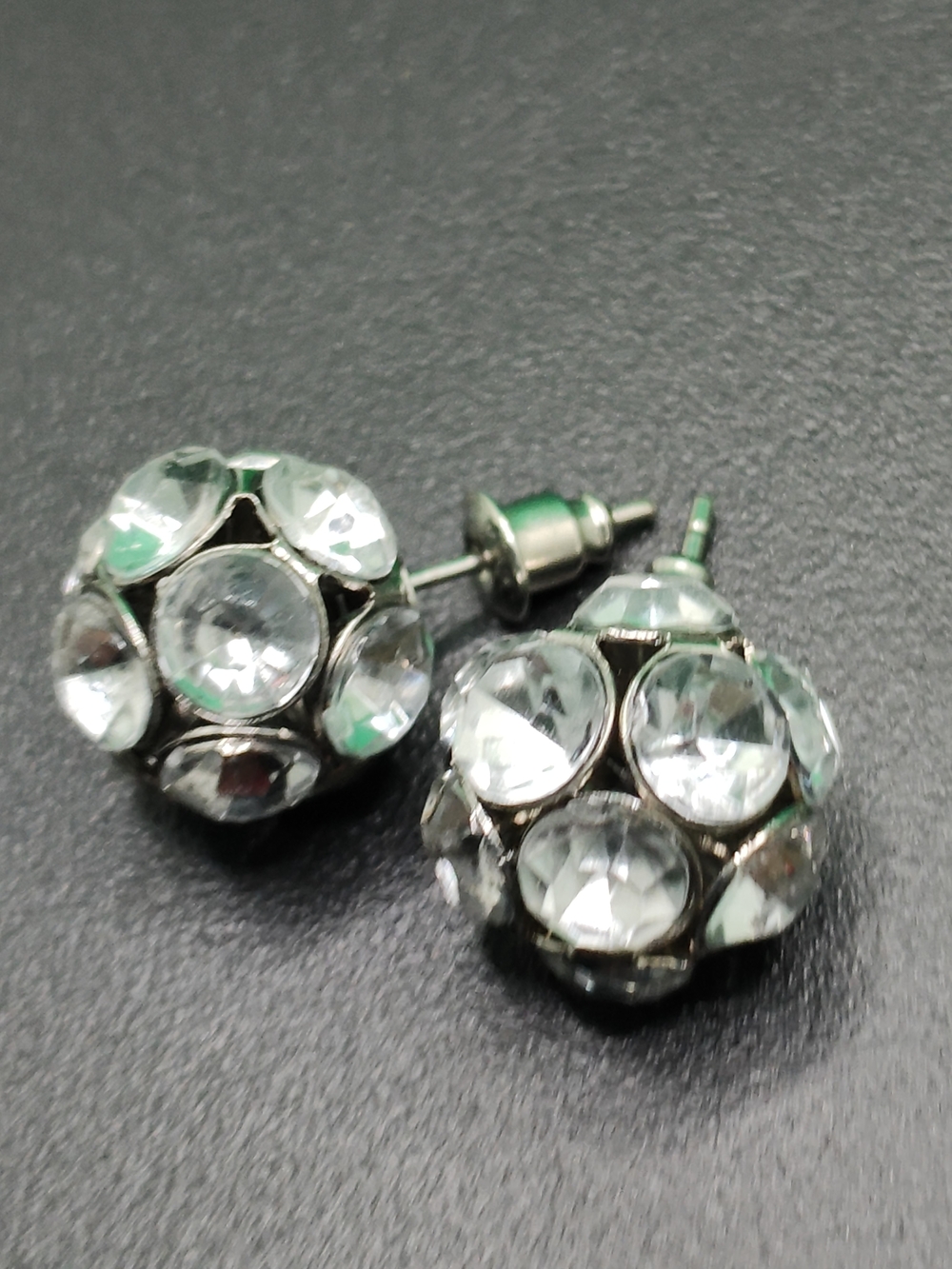 Crystal Ball Stud Earrings - Clear Rhinestone Silver Tone